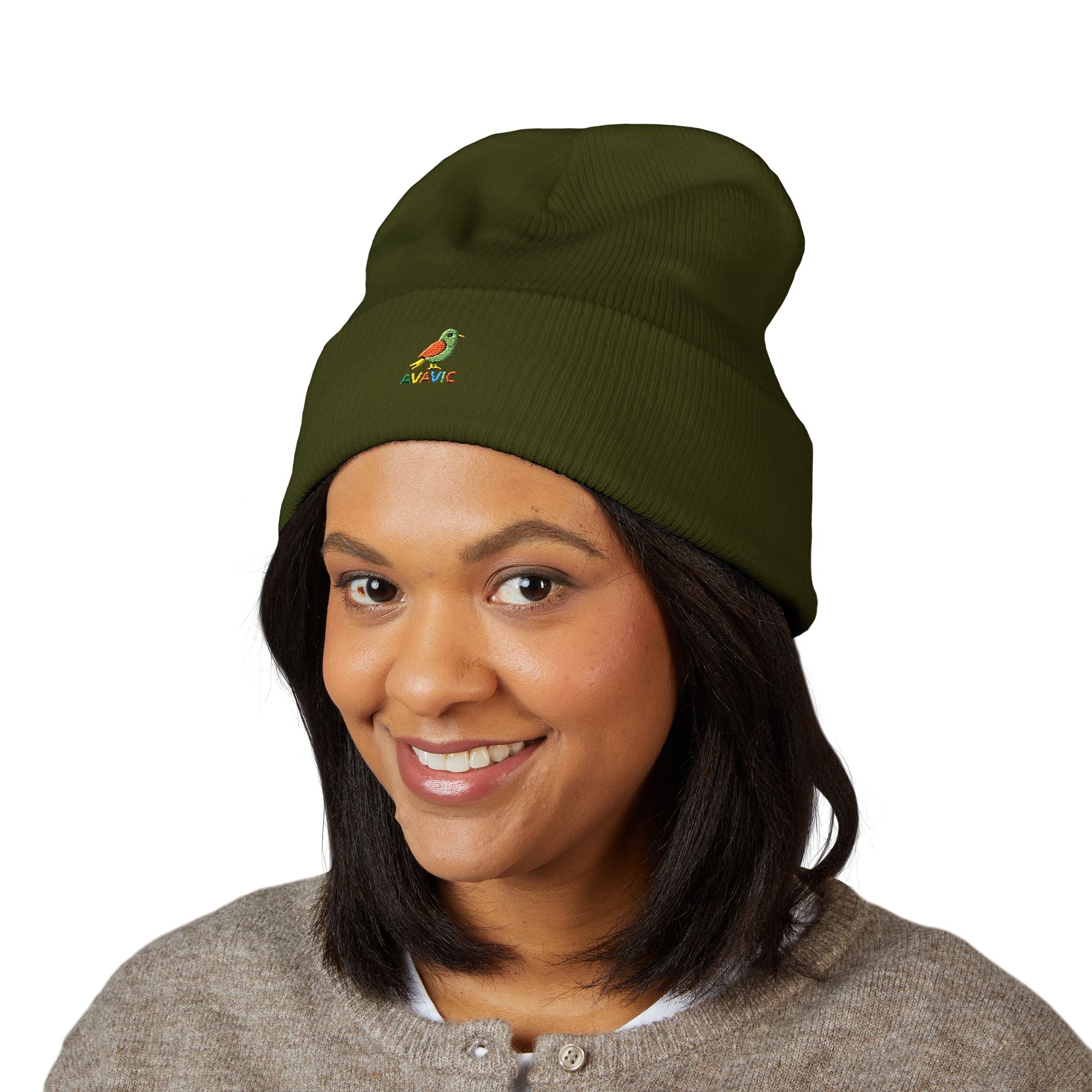Embroidered Parrot Cuffed Beanie — Colorful Tropical Bird Knit Hat