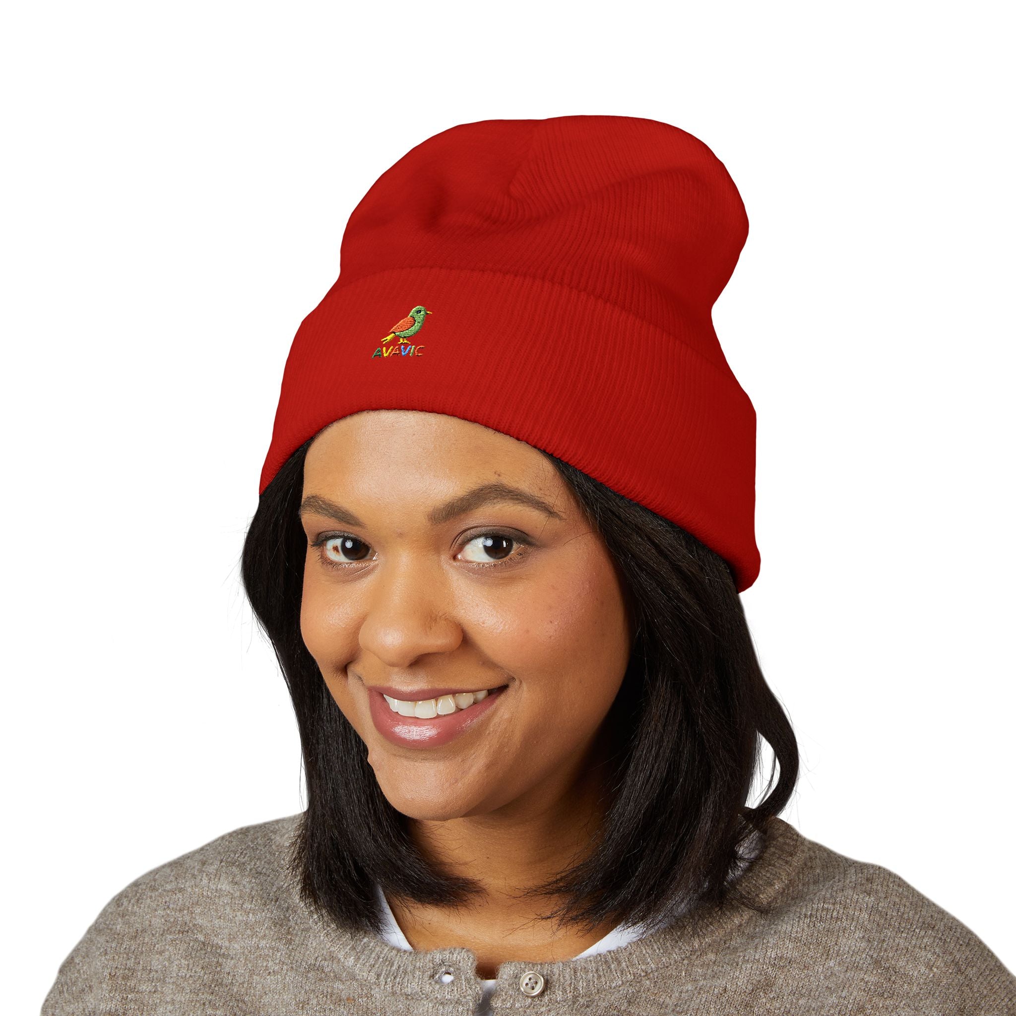 Embroidered Parrot Cuffed Beanie — Colorful Tropical Bird Knit Hat