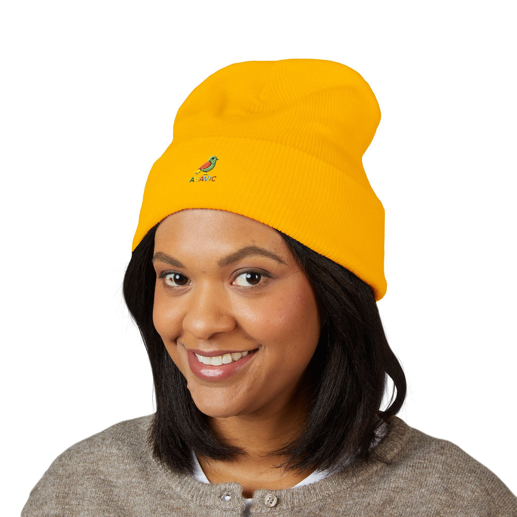 Embroidered Parrot Cuffed Beanie — Colorful Tropical Bird Knit Hat