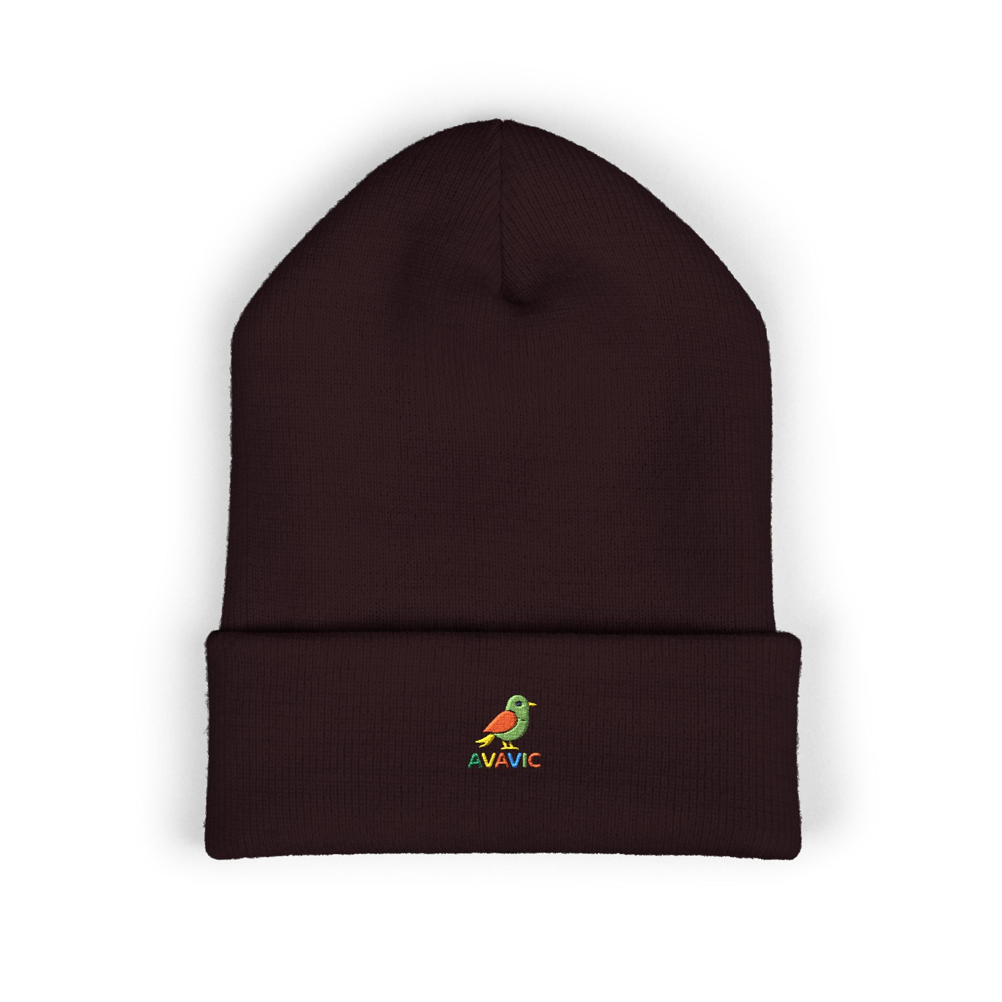 Embroidered Parrot Cuffed Beanie — Colorful Tropical Bird Knit Hat
