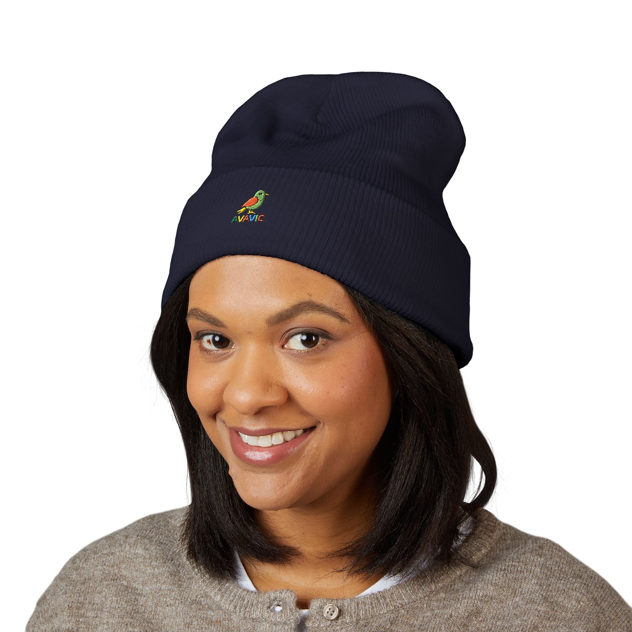 Embroidered Parrot Cuffed Beanie — Colorful Tropical Bird Knit Hat
