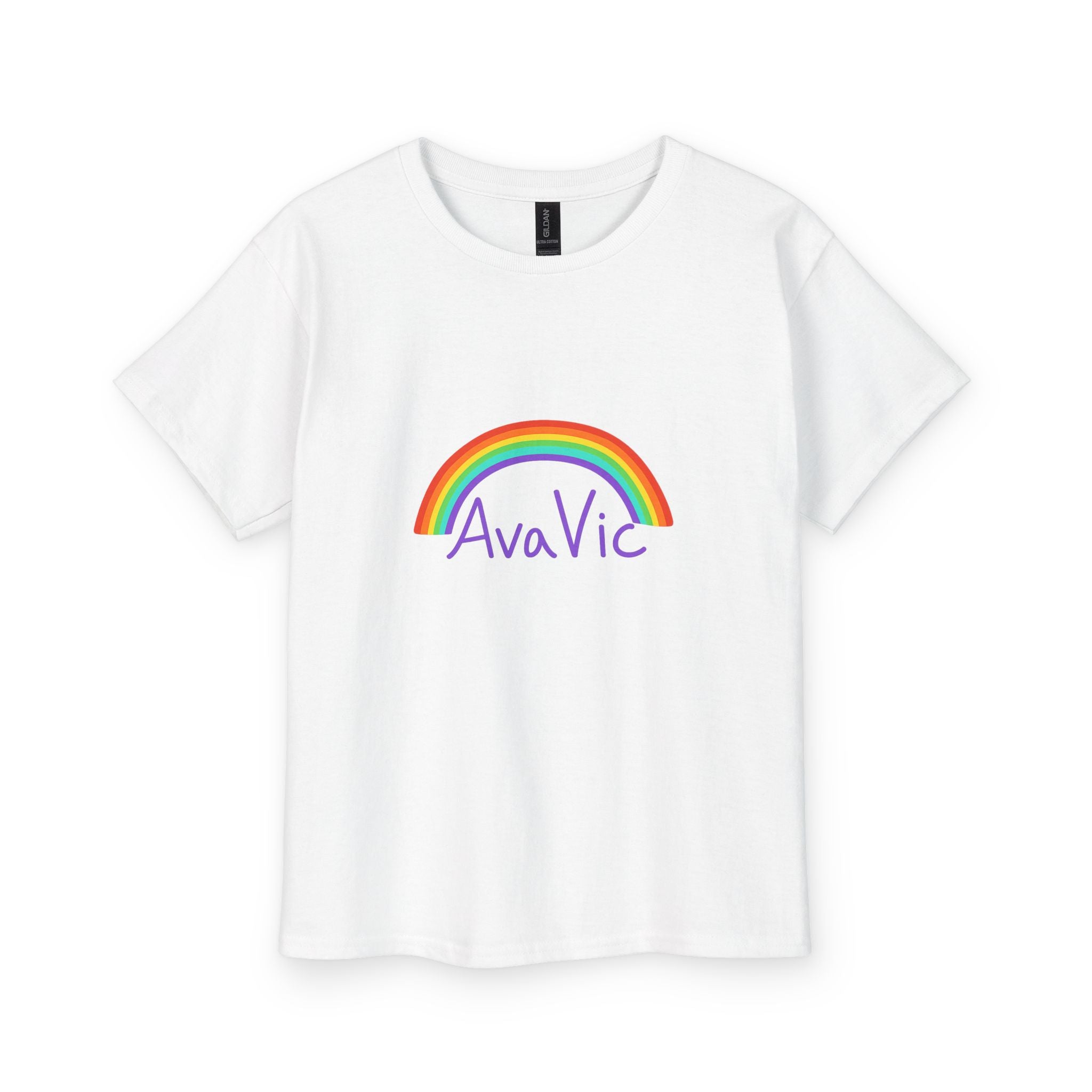 Kids Rainbow Name Tee – "AvaVic" Personalized Youth T-Shirt