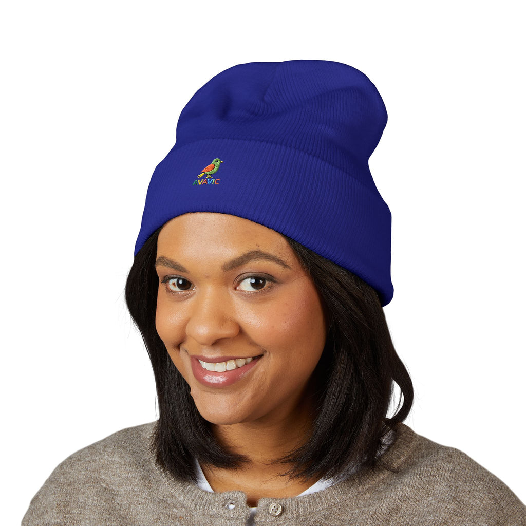Embroidered Parrot Cuffed Beanie — Colorful Tropical Bird Knit Hat