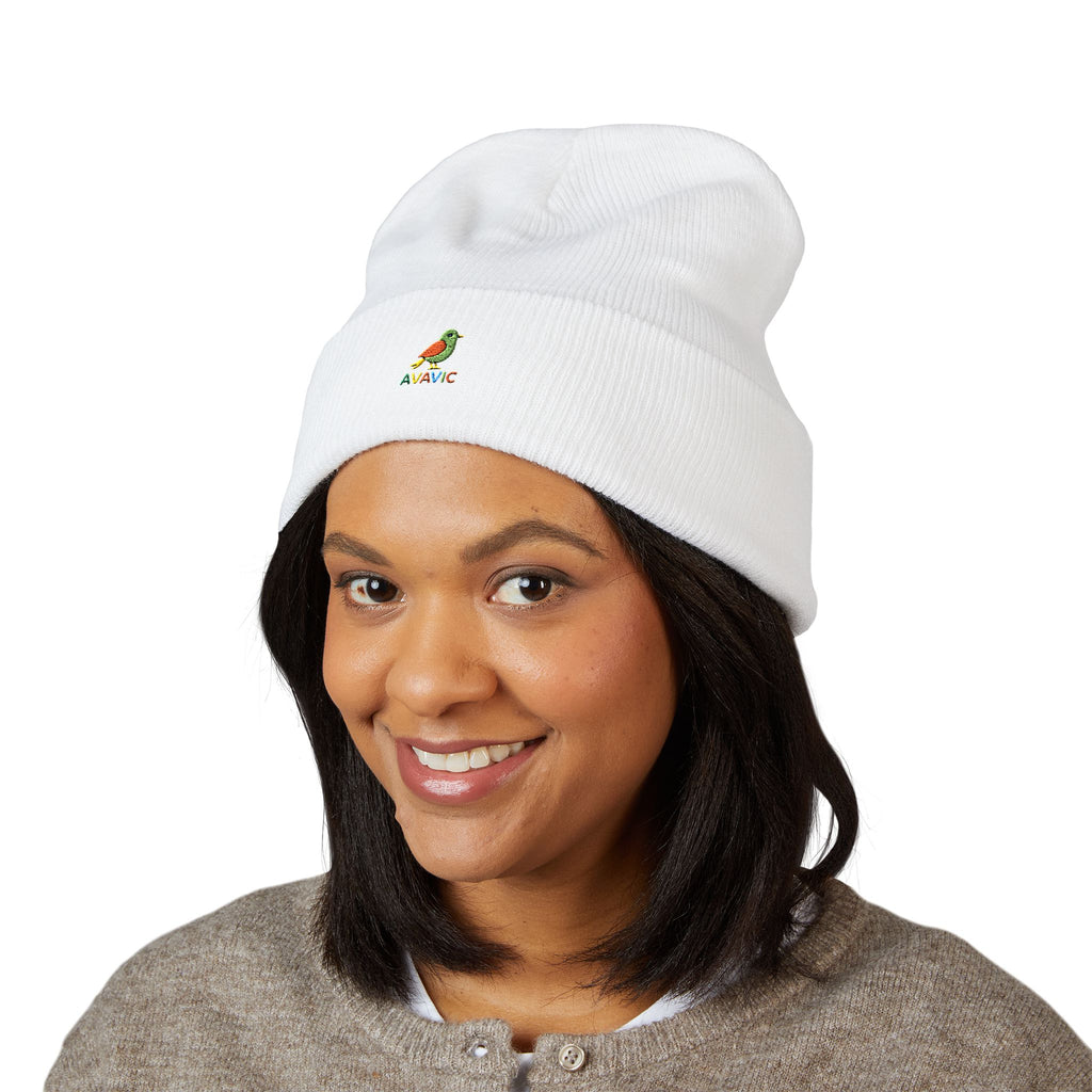 Embroidered Parrot Cuffed Beanie — Colorful Tropical Bird Knit Hat