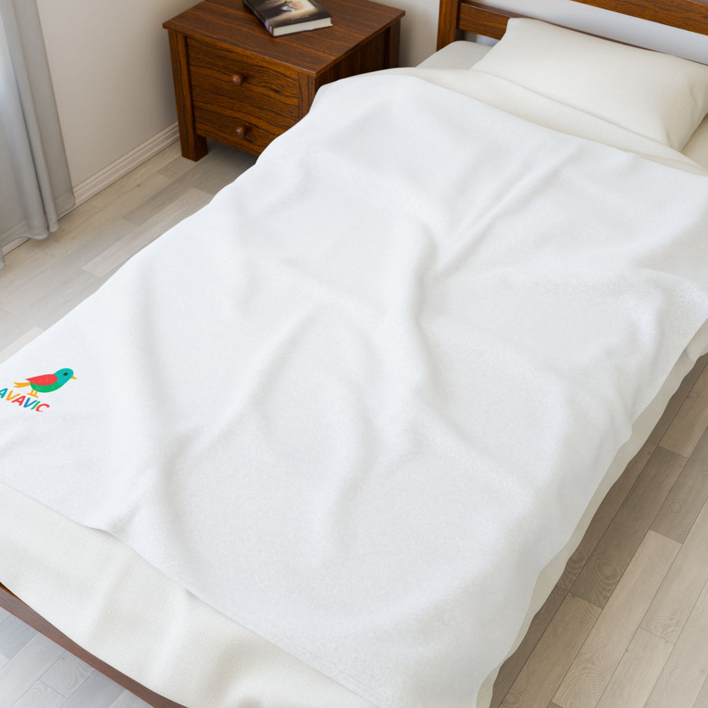 Velveteen Plush Blanket — Soft White Cozy Throw with Small Colorful Parrot Logo