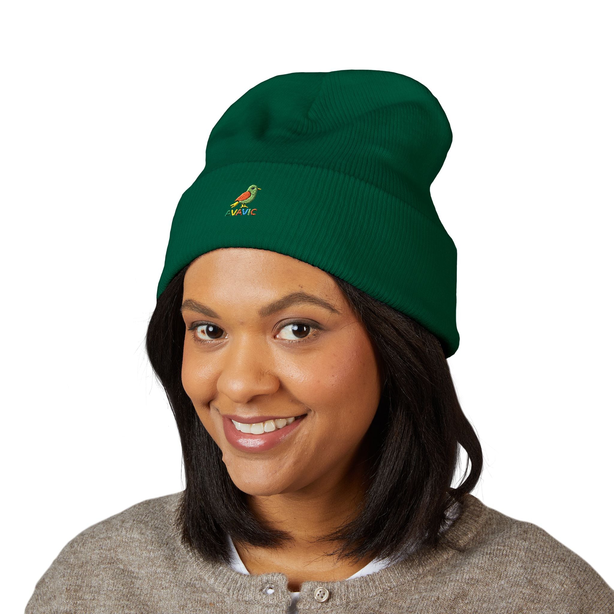 Embroidered Parrot Cuffed Beanie — Colorful Tropical Bird Knit Hat