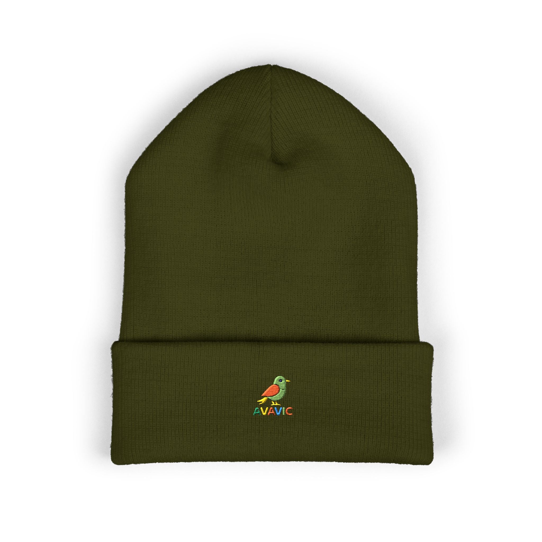 Embroidered Parrot Cuffed Beanie — Colorful Tropical Bird Knit Hat