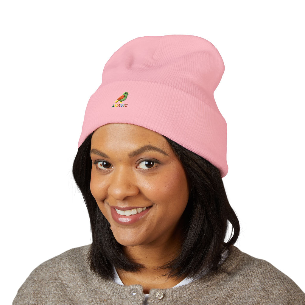 Embroidered Parrot Cuffed Beanie — Colorful Tropical Bird Knit Hat