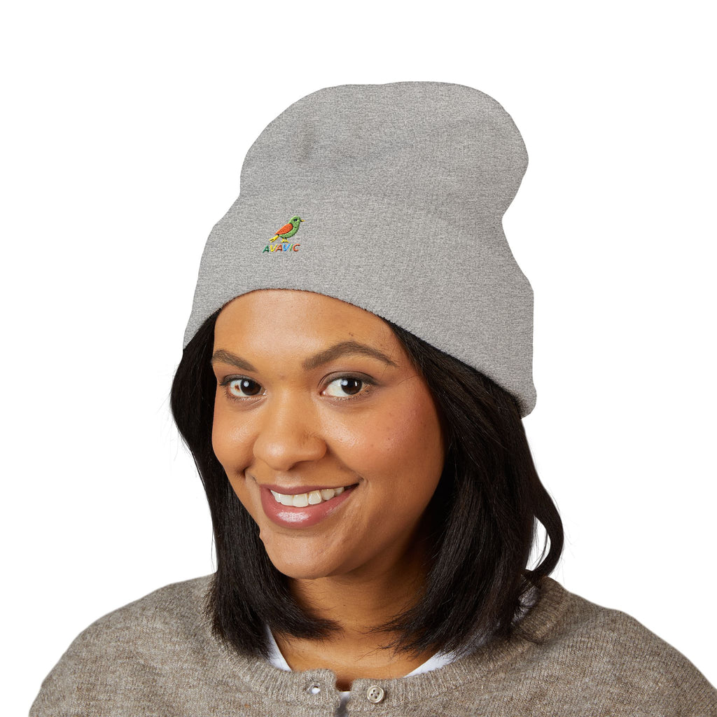 Embroidered Parrot Cuffed Beanie — Colorful Tropical Bird Knit Hat