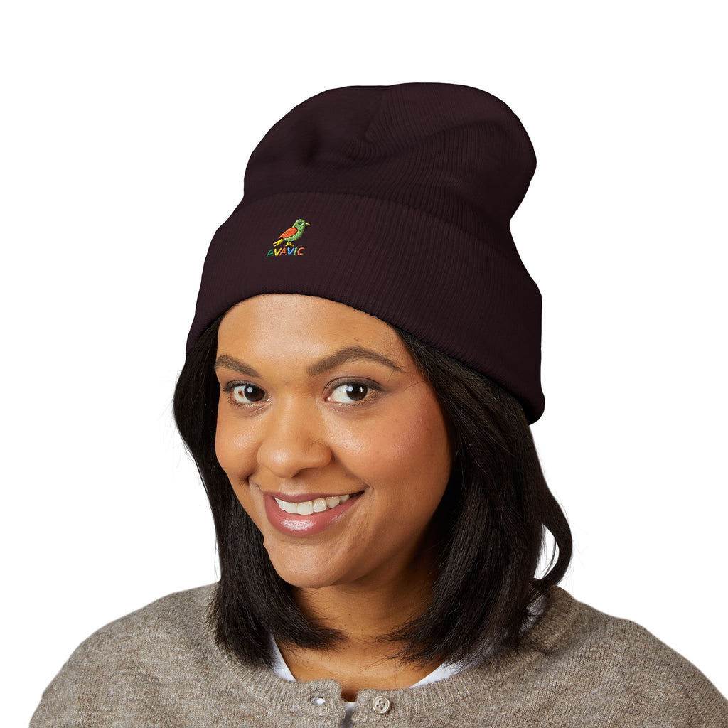 Embroidered Parrot Cuffed Beanie — Colorful Tropical Bird Knit Hat