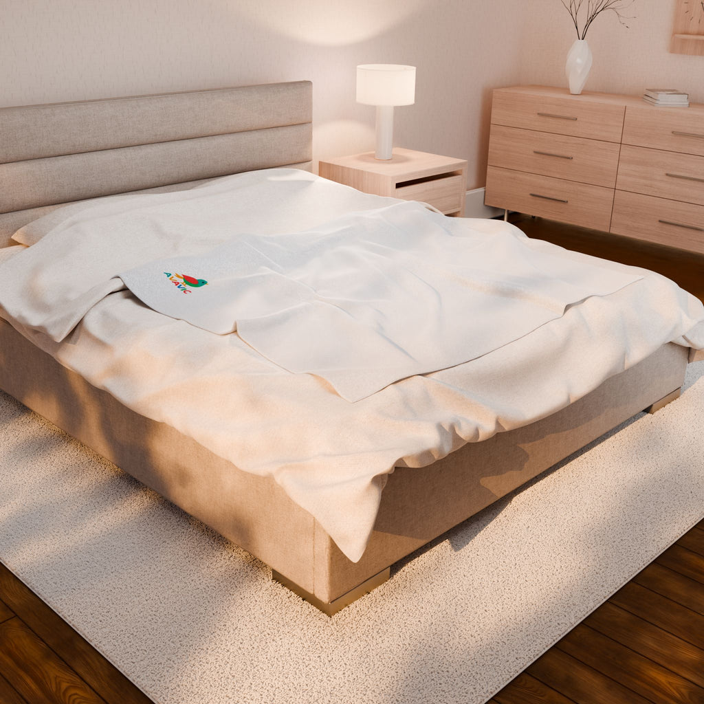 Velveteen Plush Blanket — Soft White Cozy Throw with Small Colorful Parrot Logo